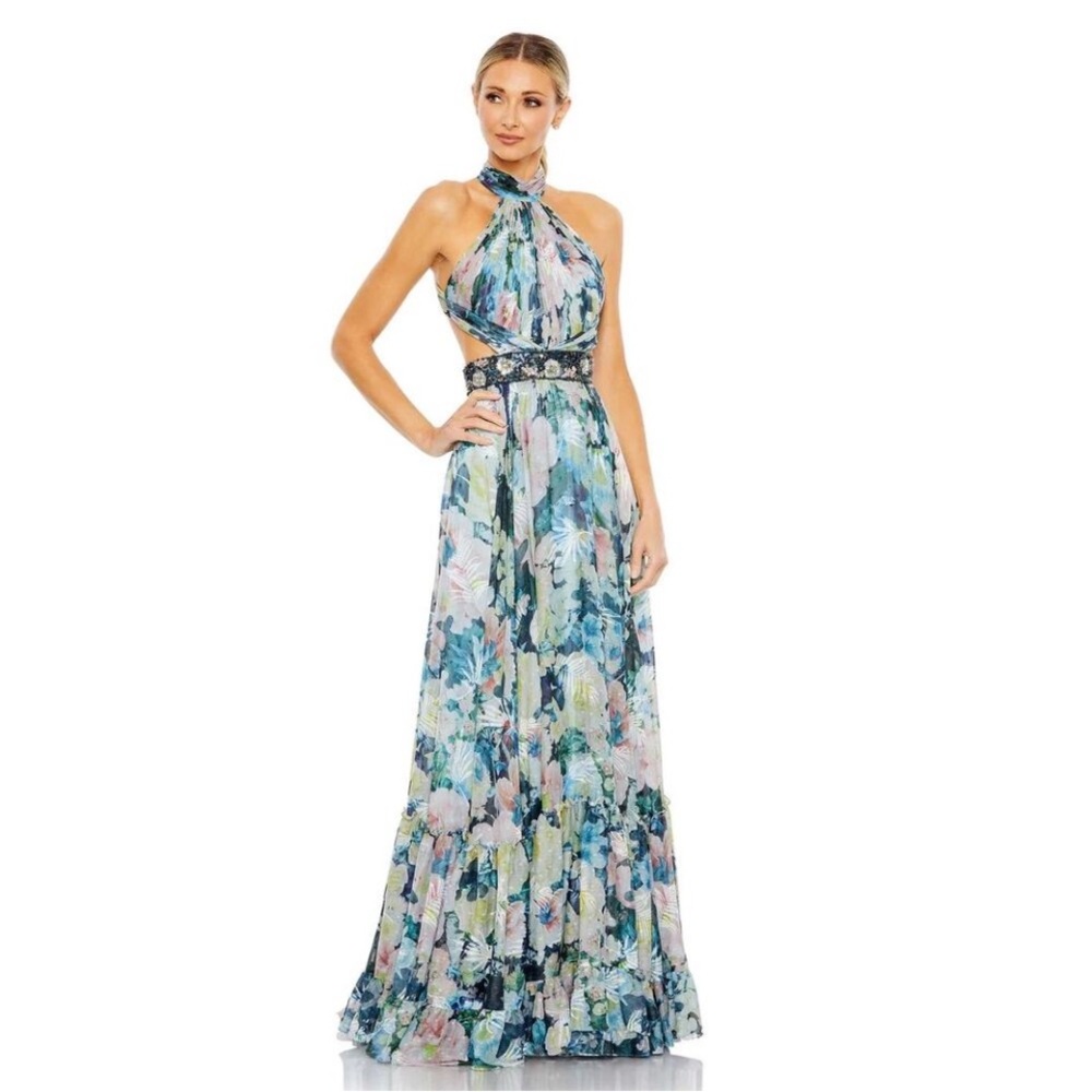 Mac Duggal 68089 Floral Halter A-Line Gown w/ Cutouts and Embellished Belt 6